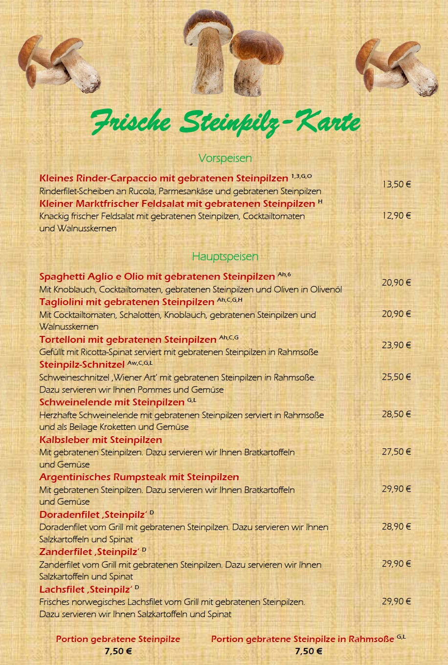 Frische Steinpilzkarte Restaurant Sterkel